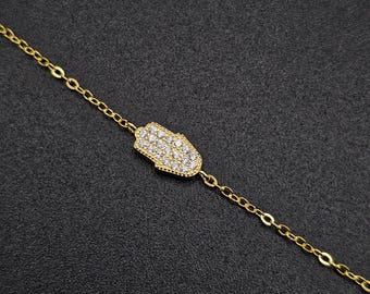 Hamsa Bracelet – Dainty Hamsa Hand with Cubic Zirconia – Jewish Protection - kabbalah jewelry - 24K Gold Plated Sterling Silver