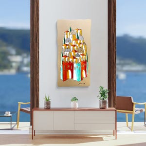 Original Jerusalem Painting by Oz El Hai, Mixed Media Judaica Art on Wood, Modern Israeli Wall Decor, Jerusalem Landscape Art