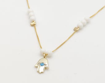 Collar de Hamsa, collar judío con piedra turquesa, colgante de protección, joyería de la Cábala, collar hebreo, regalo para Bat Mitzvá, gargantilla