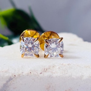 Amazing 2 TCW Cushion Cut Moissanite Earrings, Screw Back Style 4 Claw Prong Solitaire Stud Earrings, Wedding Anniversary Gift For Her