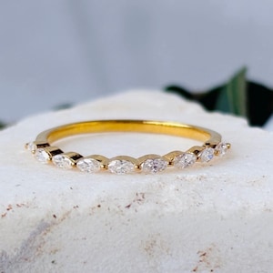 Marquise Moissanite Half Eternity Wedding Band: 14K Yellow Gold Stacking Ring