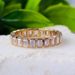 Emerald Cut Moissanite Wedding Band: 14K Yellow Gold Eternity Anniversary Ring