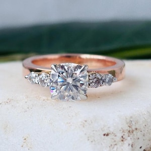 Cushion Moissanite Engagement Ring: 14K Gold Basket Setting, 2 TW