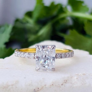 Radiant Moissanite Engagement Ring, Solid Gold Pave Set Side Stone Ring, Promise Ring with 2 CT Radiant Center Stone, anniversary gift