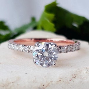 Pave Set Side-Stone Round Moissanite Engagement Ring ,Cathedral Setting, Hidden Halo ,Solid Gold Moissanite Ring for Women 1 CT Promise Ring