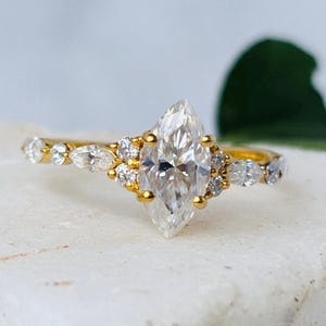 Marquise Moissanite engagement ring, Vintage Yellow gold diamond engagement ring , Unique Cluster promise Bridal wedding & Anniversary ring