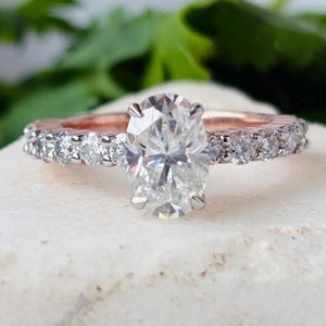 Engagement Ring Vintage Oval Moissanite Rose Gold Half Eternity Band Bridal Wedding Promise Anniversary Gift, Present or women, Ring for her
