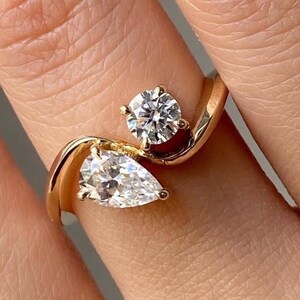 Pear And Round Cut Moissanite Toi Et Moi Engagement Ring, Bypass Shank Double Stone Wedding Ring, Wave Shape Modern Promise Ring For Women