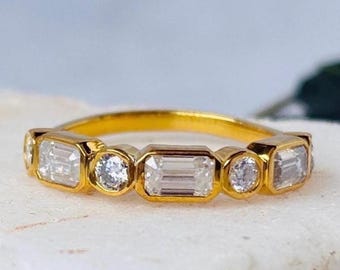 Emerald & Round Cut Bezel Set Half Eternity, Moissanite Wedding Band, Solid Gold Anniversary Ring, Bridal Ring, Gift For Her