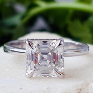 Asscher Cut Moissanite Solitaire Engagement Ring, Asscher Cut Cathedral Engagement Ring, 3 CT Asscher Cut Ring, Anniversary gift for her