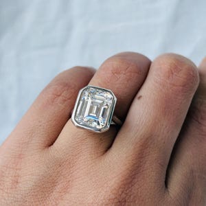 Bezel Set 6 CT Emerald Cut Moissanite Ring: 14K Gold Wedding Promise