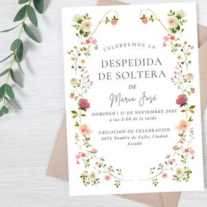 Tema de jardim de convite para chá de panela - modelo digital editável e espanhol |  Convite Boda Despedida de Soltera Estilo Jardín