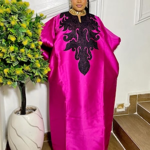 Embroidered Bubu Kaftan with Pockets & Head Tie – Tall Girl Friendly African Maxi Dress in Two Lengths, Elegant One Size Gown (fuchsia)