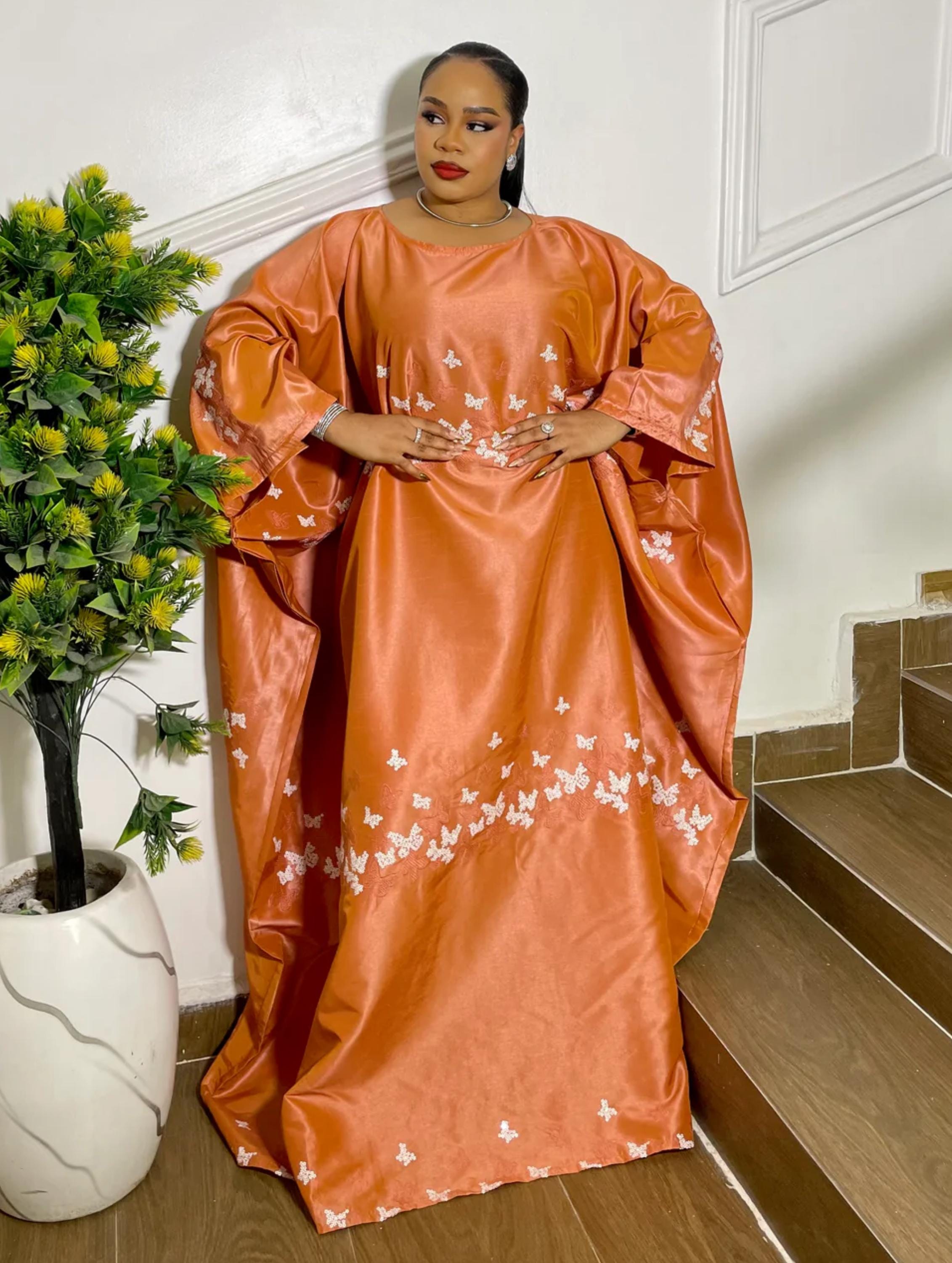 Butterfly Bubu Dress With Headband: Adjustable African Kaftan