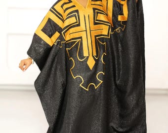 Dynasty Embroidered Brocade Bubu – Black Luxe African Kaftan with Waist Tie & Matching Headband