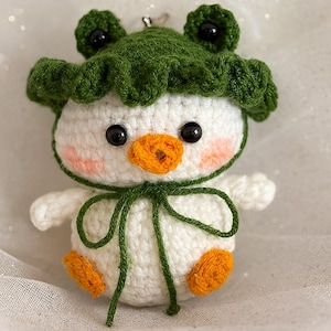 Handmade Crochet Duck Plush with Frog Hat – Cute Amigurumi Animal Toy – Duck with Frog Hat Plush – Handmade Perfect for Gift for Kids