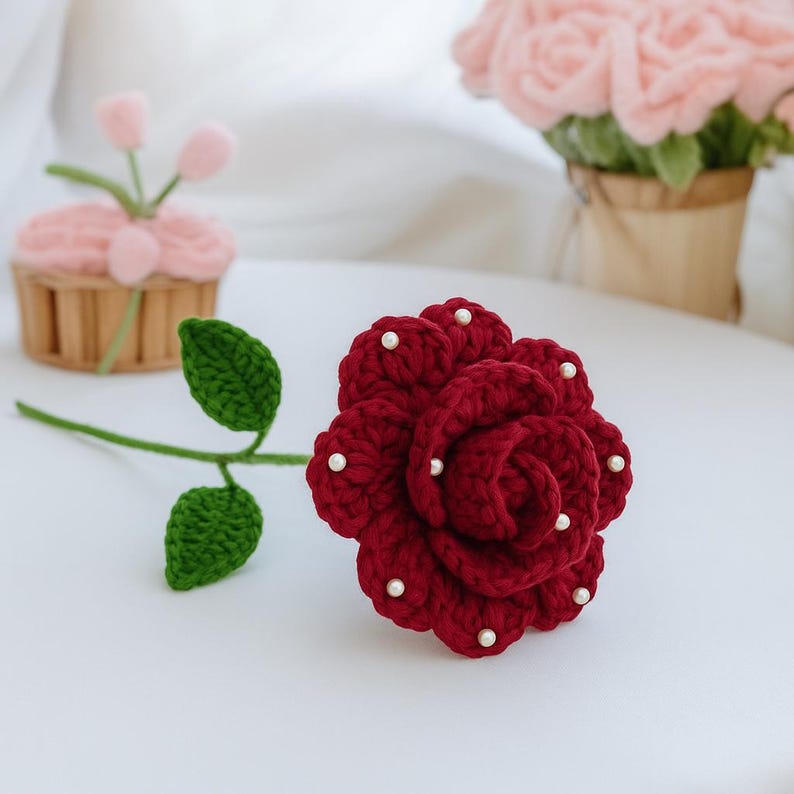 Handmade Crochet Red Rose With Pearls: Forever Flower Gift - Etsy