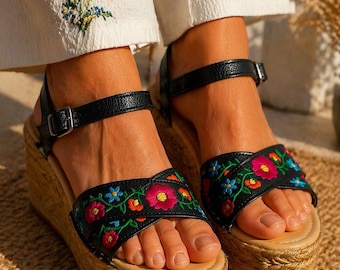 Genuine Leather Mexican Wedge Sandals | Was 57 Now 33 | Handmade Embroidered Heels | 3” Heel | Clearance Sale