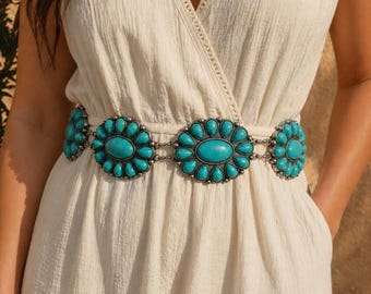 Western Concho Belt | Turquoise & Red Stone Metal Belt | Boho Waist Belt | Southwestern Statement Belt | Festival Outfit Belt