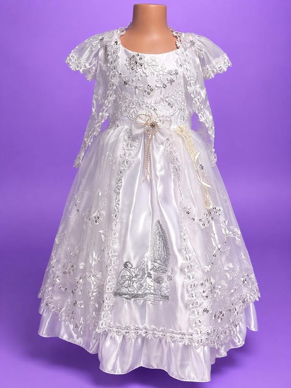 first communion dress with our lady of guadalupe Luxury Baptism Girl Veronica | Virgen de Dress Cape | White Christening Dress | Style event:Party