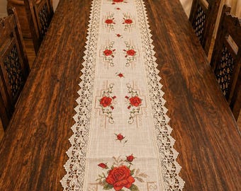 Embroidered Table Runner 68x15.5 | Floral Lace Table Runner | Farmhouse Table Decor | Vintage Style Linen Look Runner | Dining Table Decor