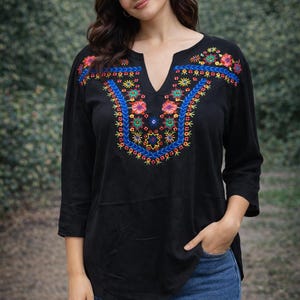 Black Blouse With Floral Embroidery - Etsy