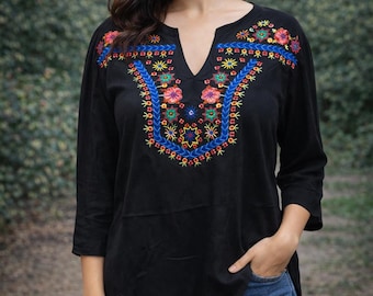 V-Neck Embroidered Mexican Blouse | Traditional Floral Embroidery Shirt | Boho Artisan Top | Mexican Folk Shirt