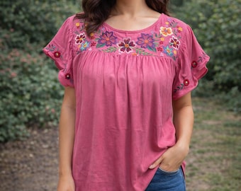 Embroidered Spring Blouse | Mexican Floral Blouse | Short Sleeve Rayon Top | Handmade Style Blusa