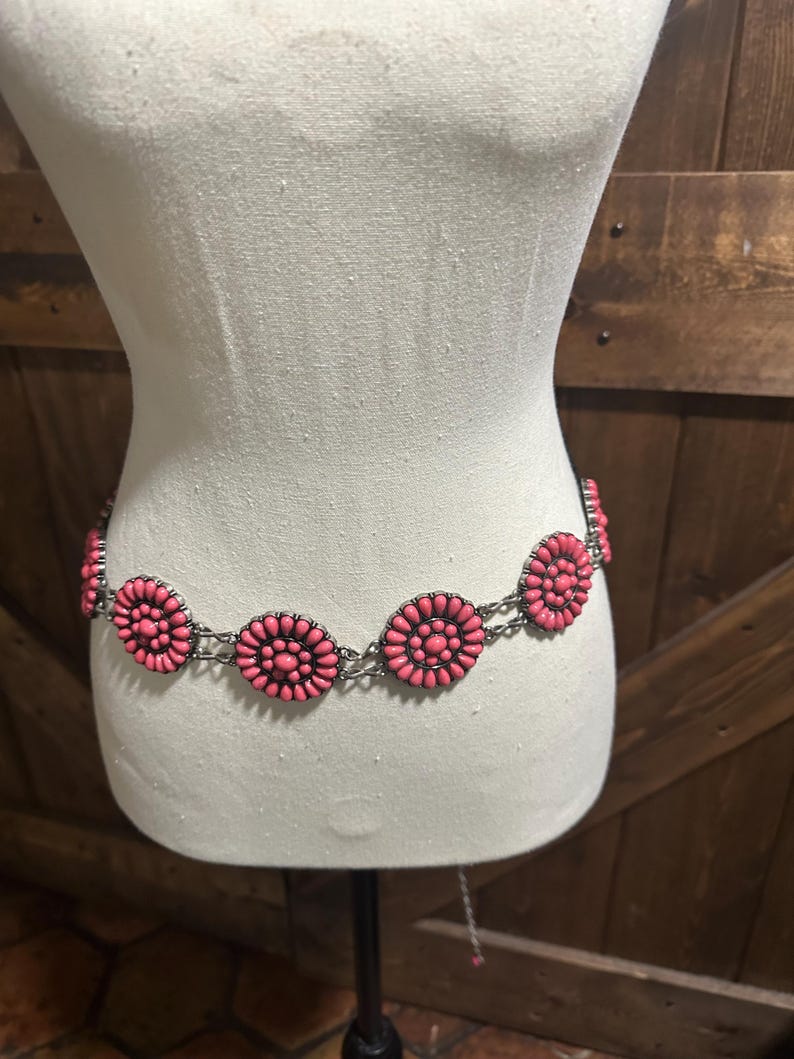 May include: A pink floral belt with a silver chain. The belt is displayed on a mannequin. The pink flowers are evenly spaced around the belt. The background is a wooden door.