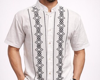 Men's Mexican Embroidered Shirt | 100% Cotton Guayabera | Handmade in Mexico | Short Sleeve Casual Dress Shirt | Multiple Colors Available