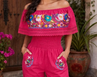 Mexican Embroidered Jumpsuit Women | Off Shoulder Romper Pants Cotton | Boho Wide Leg Jumpsuit | Party Outfit Woman | Handmade Style Outfit