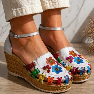 White Mexican Wedge Sandals, Handmade Embroidered Leather Heels, Boho Platform Sandals, Floral Shoes Women, 3.5 Inch Heel