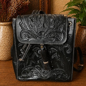 Tooled Leather Backpack Purse with Matching Wallet | Genuine Leather Embossed Floral Bag | Convertible Backpack | Western Leather Set