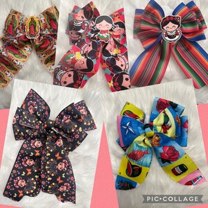 Handmade Mexican Hair Bows – Frida Kahlo, Lotería, Traditional Fiesta Ribbon Bows, Virgen de Guadalupe | Moños Mexicanos Grandes