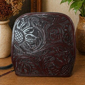 Large Tooled Leather Backpack Purse with Matching Wallet | Genuine Leather Embossed Floral Bag | Convertible Backpack | Western Leather Set