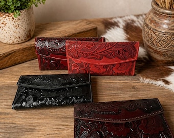 Black Tooled Leather Wallet | Genuine Leather Western Wallet | Floral Embossed Wallet | Snap Closure | Women's Long Wallet Gift