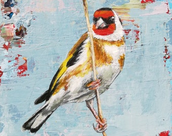 British birds Goldfinch painting in acrylic on reclaimed wood.