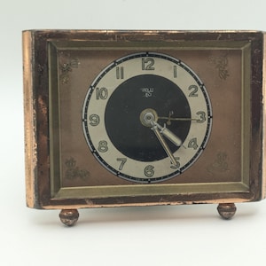 Sällsynt art déco-skrivbordsklocka från 1930-talet, JUES, kopparram, fungerande skick