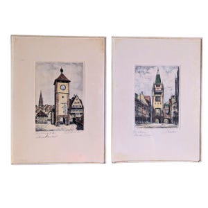 Par vintage etsningar från Freiburg av O. Reiter | Schwabentor & Martinstor, arkitekturtryck från Schwarzwald | Signerad