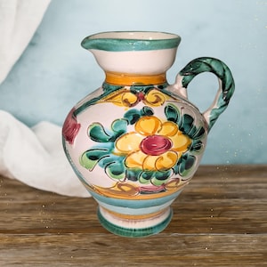 Vintage Italian Majolica Pitcher – Hand Painted Floral Ceramic Jug – Signed "Miriam" – Marked 172 – Mid-Century Deruta Style Pottery – Italy