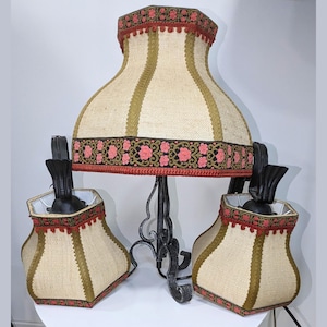 Vintage Rustic Lamp Set – Wrought Iron Table Lamp & 2 Wall Sconces – Fabric Shades – Country Farmhouse Style
