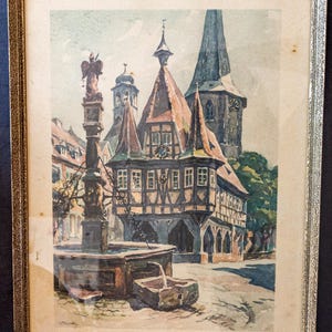 Vintage Original Hand-Colored Etching (Farbradierung): Iconic Plönlein, Rothenburg ob der Tauber by Willi Foerster (c. 1933-1934)