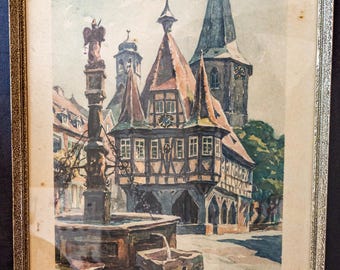 Vintage handgekleurde ets: Rothenburg Plönlein door Willi Foerster (ca. 1933-34), gesigneerd