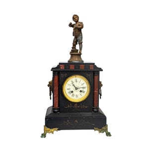 Antique 1880s French Marble Mantel Clock with Sailor Boy Bronze – Signed H. Riondet, Paris
