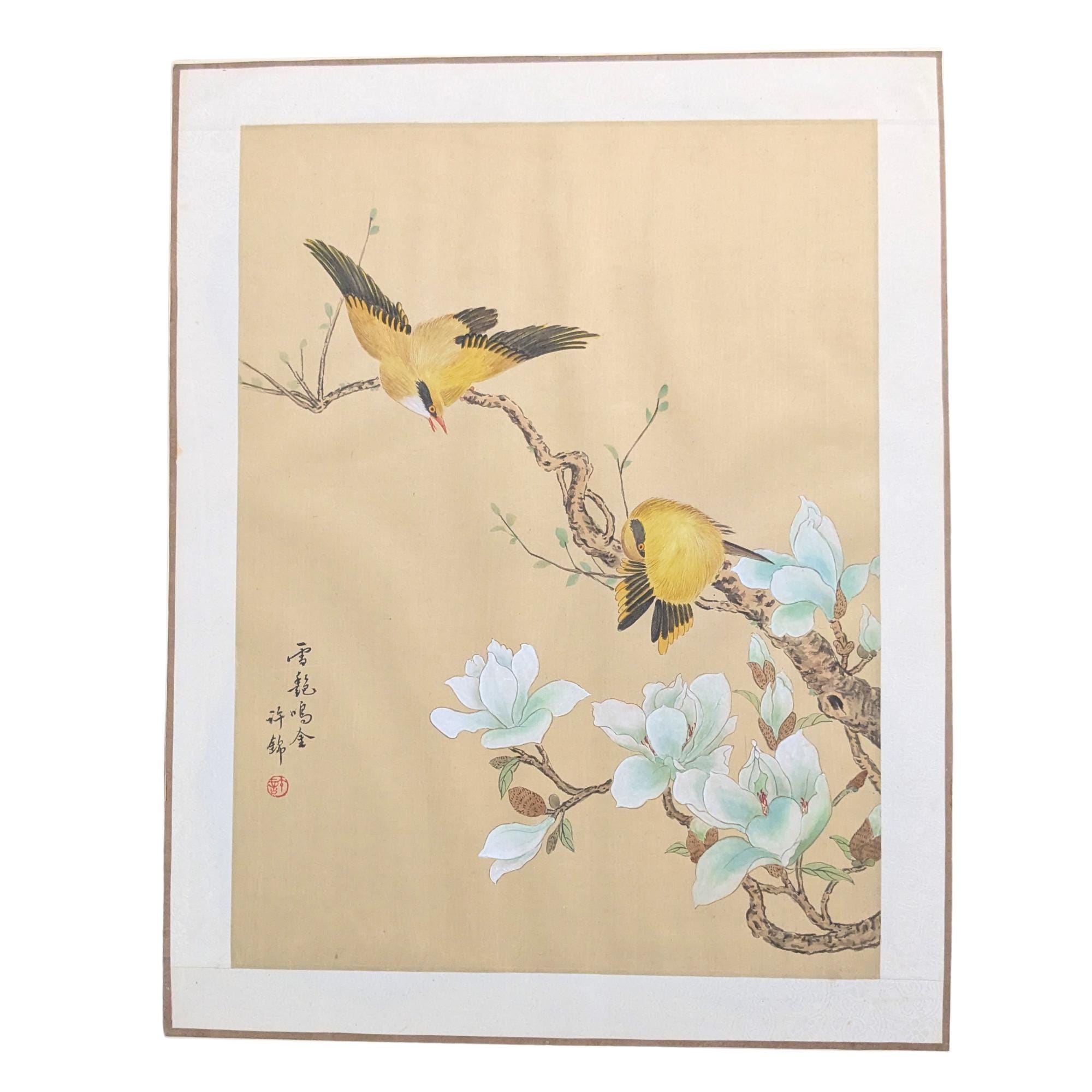 Panneau Chinois Imprimé Sur Soie Lotus Blanc Oiseau Poisson