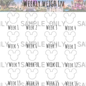 May include: A white printable chart with a Disney theme, featuring Mickey Mouse head outlines for tracking. The chart is labeled "WDW Countdown Weekly Weigh In" and includes spaces for 18 weeks. The background shows Disney park images.