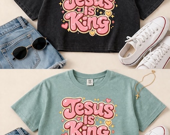 Jesus Is King Coquette Bubble Tee, Faith Graphic Crop Top