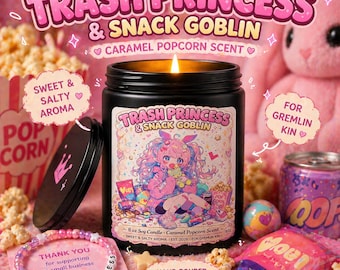 Snack trash princess Goblin Candle – Caramel Popcorn Scent, Soy Wax, Kawaii Room Decor