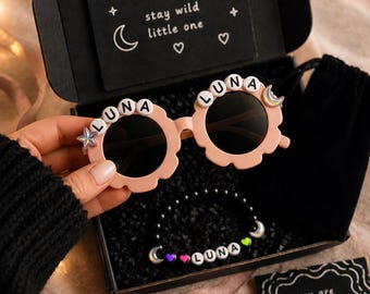Personalized Flower Sunglasses and Bracelet Set, Custom Name Kids Glasses, Trippy Festival Style