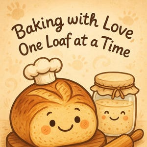 May include: A cartoon illustration featuring a smiling loaf of bread wearing a chef's hat, a jar of honey, and a rolling pin. The image includes the text "Baking with Love One Loaf at a Time". The background is beige.